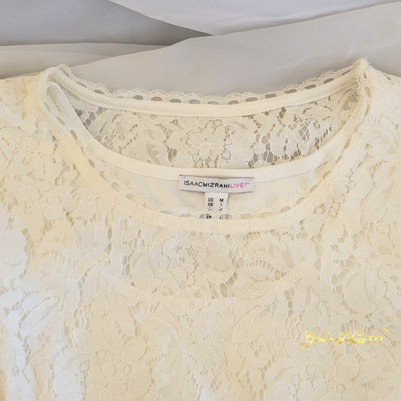 Isaac Mizrahi Live! 3/4Bell Sleeve Scalloped Trim Layered Lace Tunic Top Ivory M - Picture 5 of 12